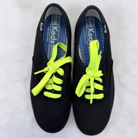 Keds Women’s Champion Black Canvas Sneakers with Neon Green Laces Size 6 - Picture 7 of 10